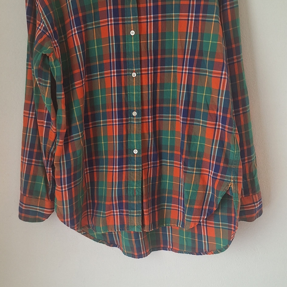 Women's Classic Ralph Lauren Orange&Green Plaid Button-Down Shirt SzL 100% Coton
